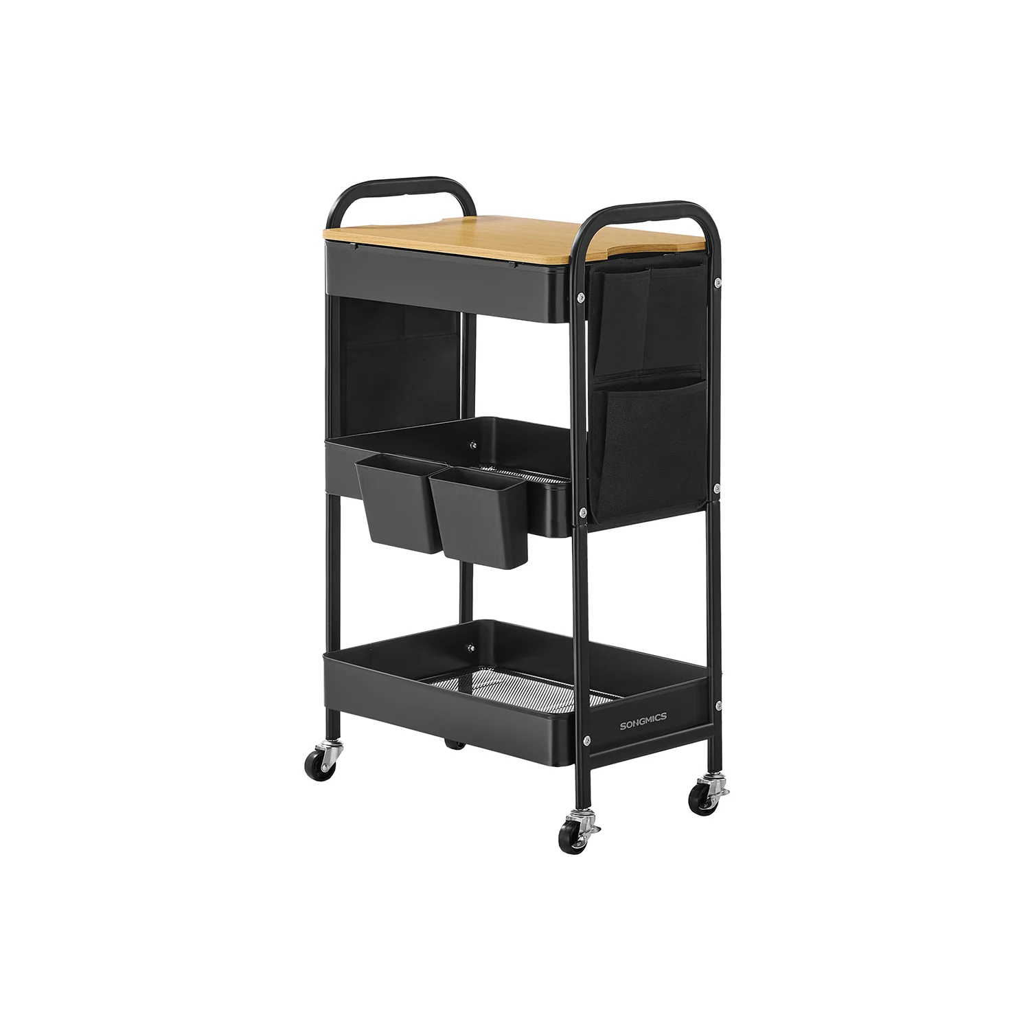 Carrello con Piano d’Appoggio Contenitori Pensili Rimovibili Tasche Laterali