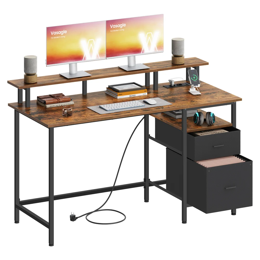 Scrivania per Computer con LED e Prese Nero Ebano - Image 2
