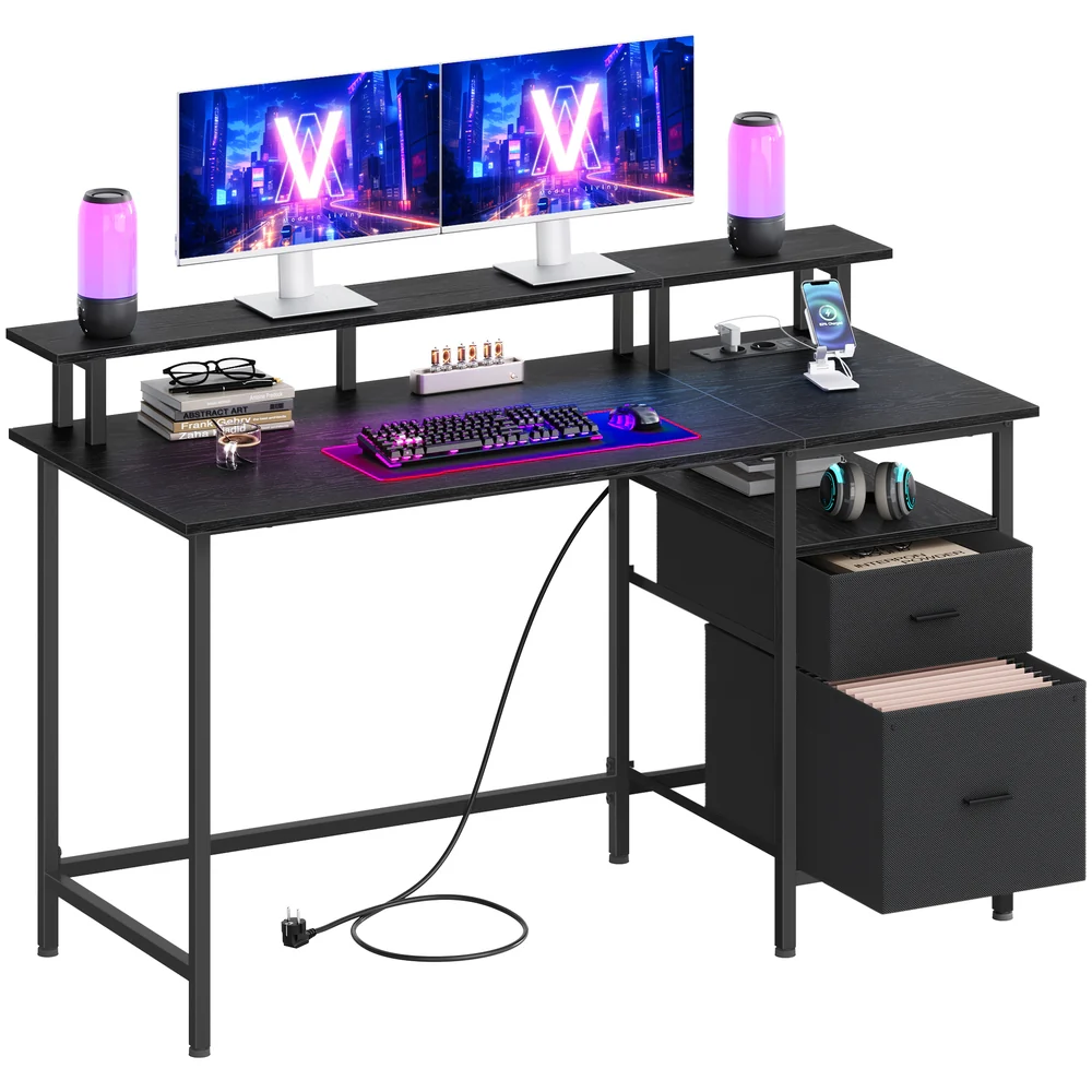 Scrivania per Computer con Luci a LED e Prese di Corrente Integrate
