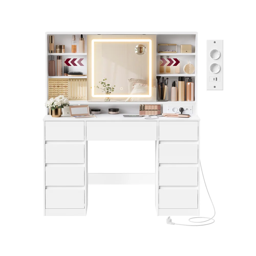 KAILYN Collezione - Toeletta con specchio LED multipresa e nove cassetti